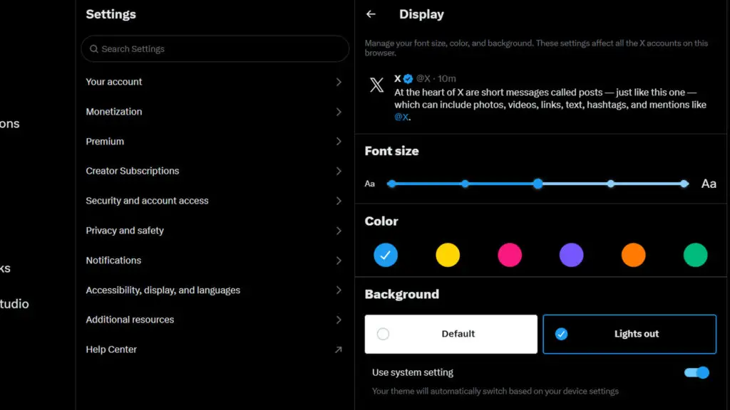 A screenshot of the display options in X, showing the two colour themes