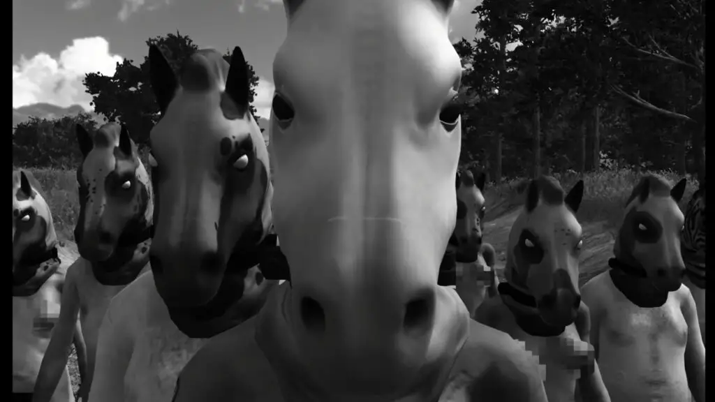 A still from the indie art game Horses, showcasing the controversial visual elements that sparked moderation debates.
