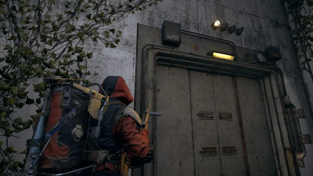 Arc Raiders Controlled Access Zone puzzle: A player looking at a locked door with four lights above it in an overgrown facility.