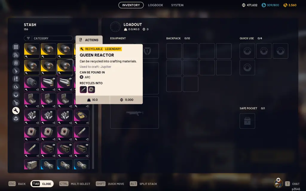 Arc Raiders: A player inspecting a Queen Reactor in the inventory screen, showcasing the new recycling output details.