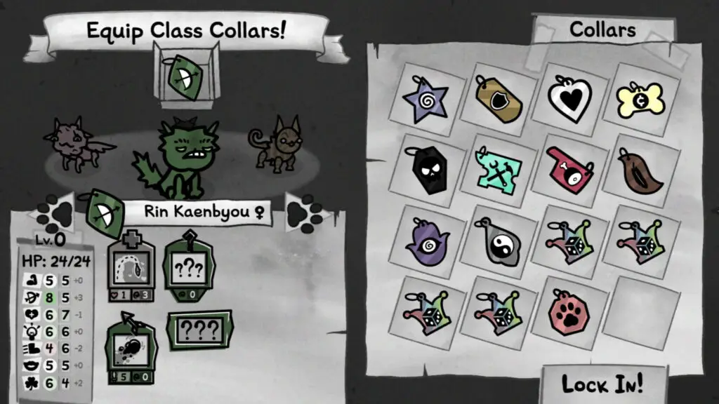 Mewgenics classes: The Hunter class in the collar selection menu, showing the impact of the collar on the stats of the cat.