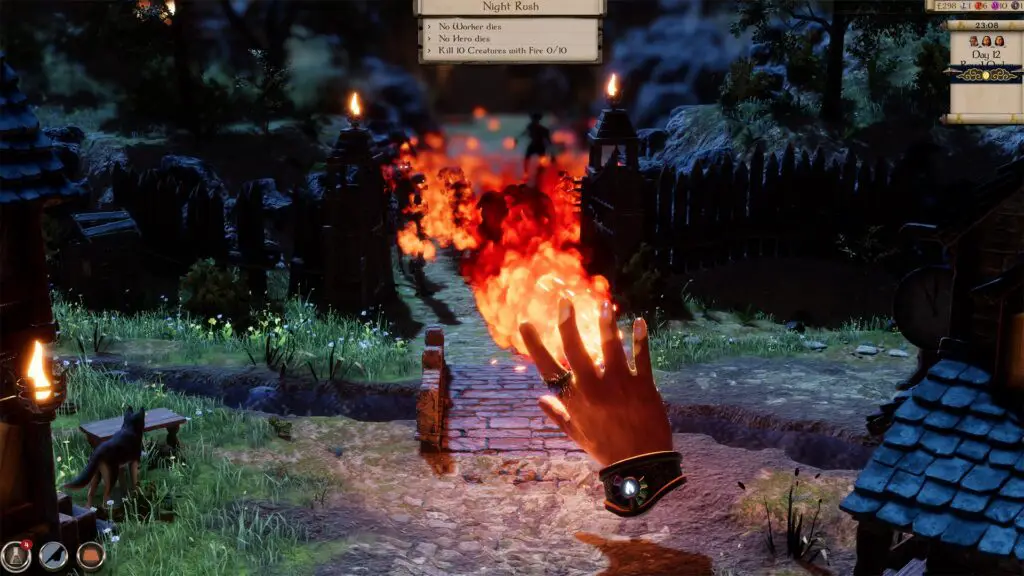 A player casting a fire spell during a night defense phase.