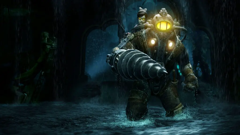 A Big Daddy and a Little Sister in the underwater city of Rapture from BioShock 2.