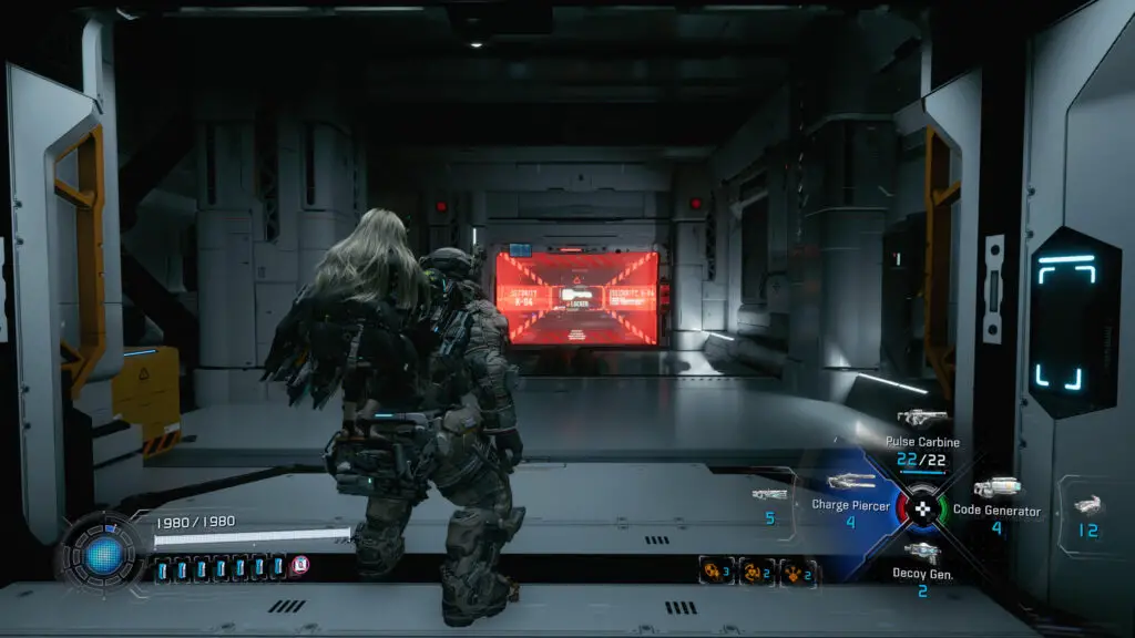 Pragmata Red Zone Gate Keys: A player looking at a Red Zone barrier at the end of a hallway in Lunafilament Lab.