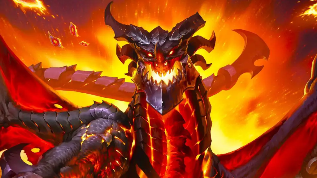 Key art for Hearthstone's Cataclysm expansion. A metal-jawed dragon with several horns on his head bares his razor sharp teeth. A wall of fire glows behind him.