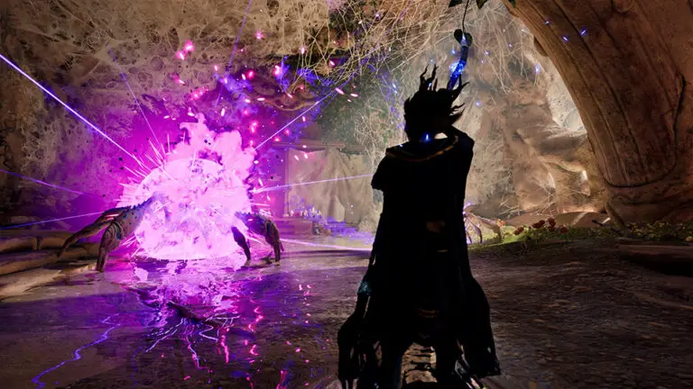 A figure bearing a quarterstaff attacks a nearby crab