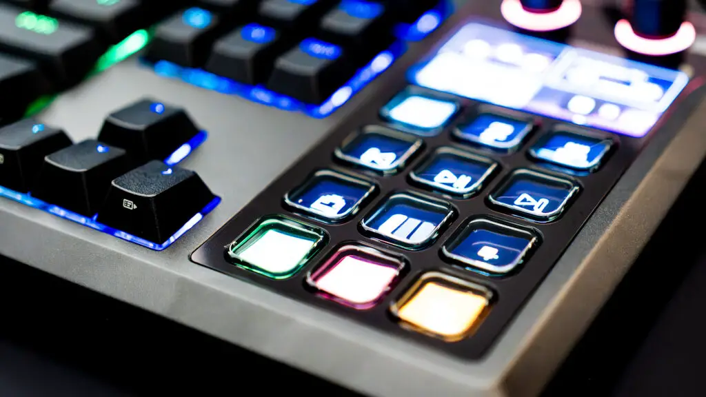 Close-up of the 12-key Elgato Stream Deck module on the keyboard's right side.