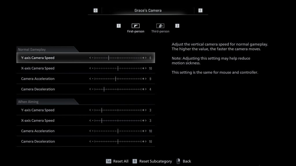 Resident Evil Requiem Grace camera settings menu