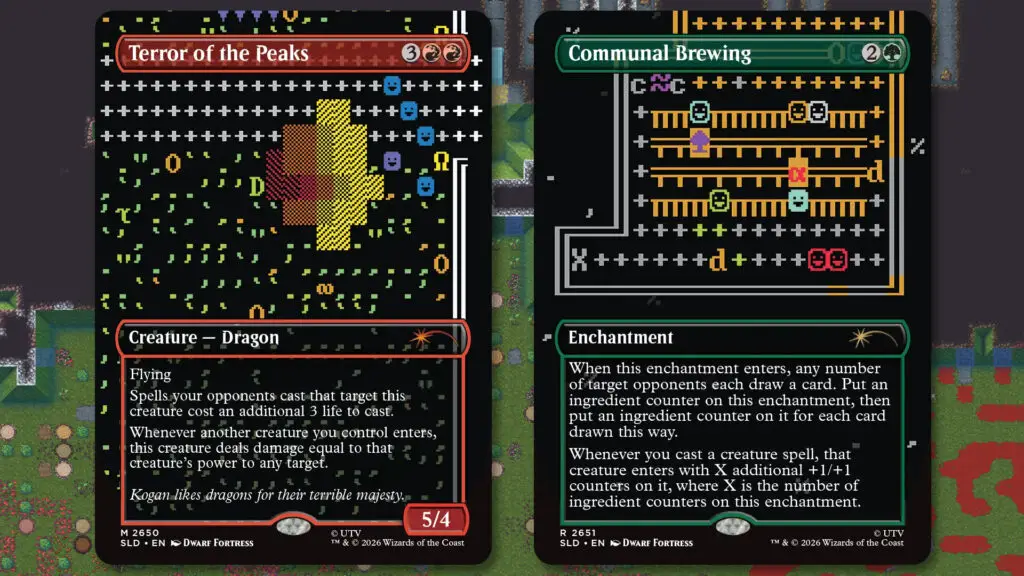 A pair of Secret Lair x Dwarf Fortress: Create New World cards.