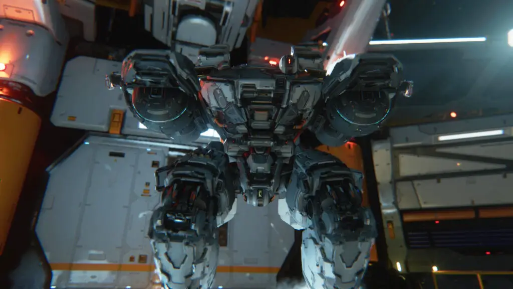 Pragmata Sector Guard: The Sector Guard boss with its guns at the ready.