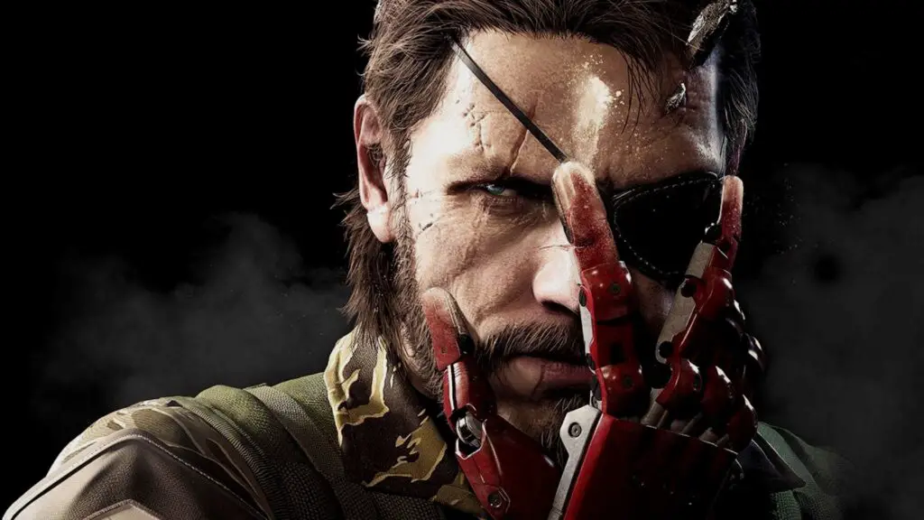 Big Boss from Metal Gear Solid looks at the camera while holding his hand up in front of his face.
