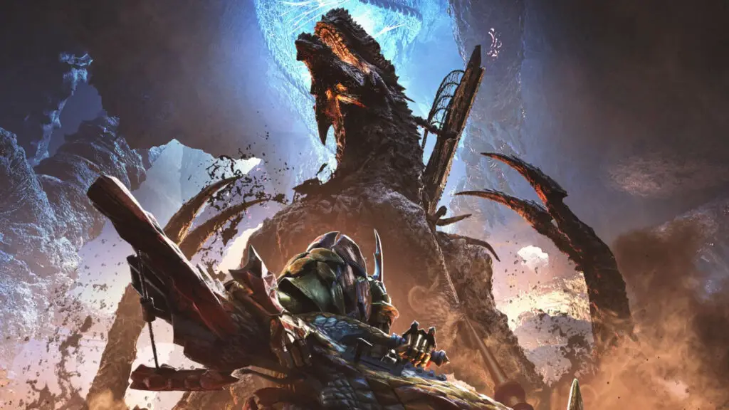 Monster Hunter Wilds Gameplay - A hunter squaring up to Elder Dragon Gogmazios.