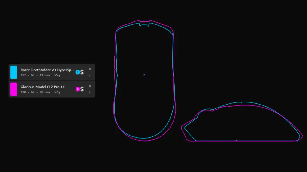 Silhouette comparison of two gaming mice with blue and pink outlines on EloShapes.