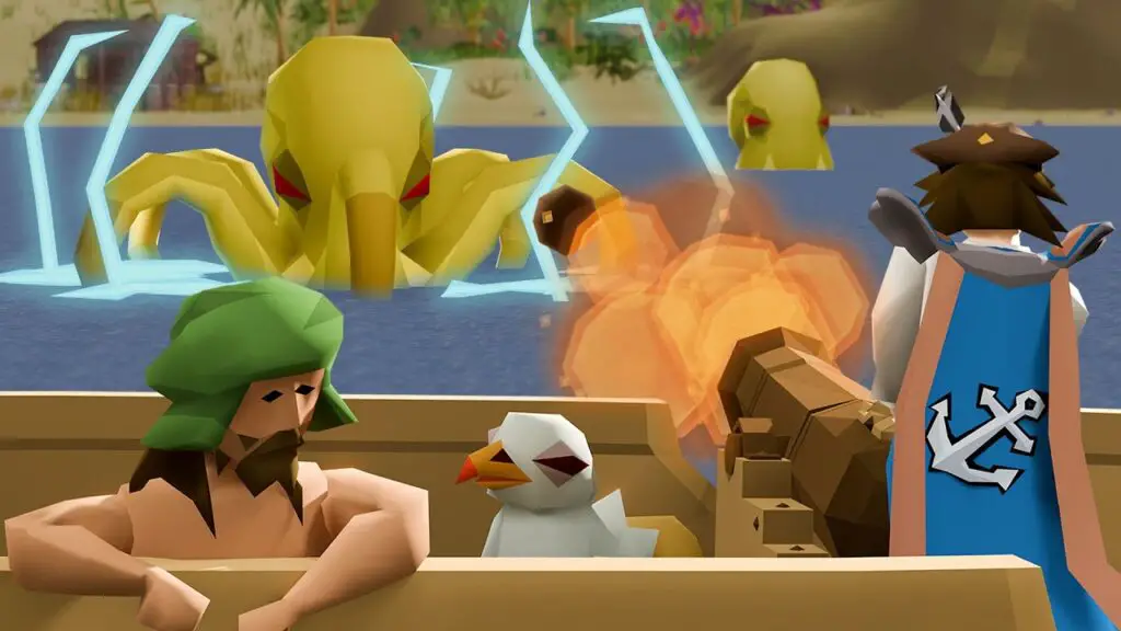 Sailors take aim at a sea beast in a classic gaming environment.