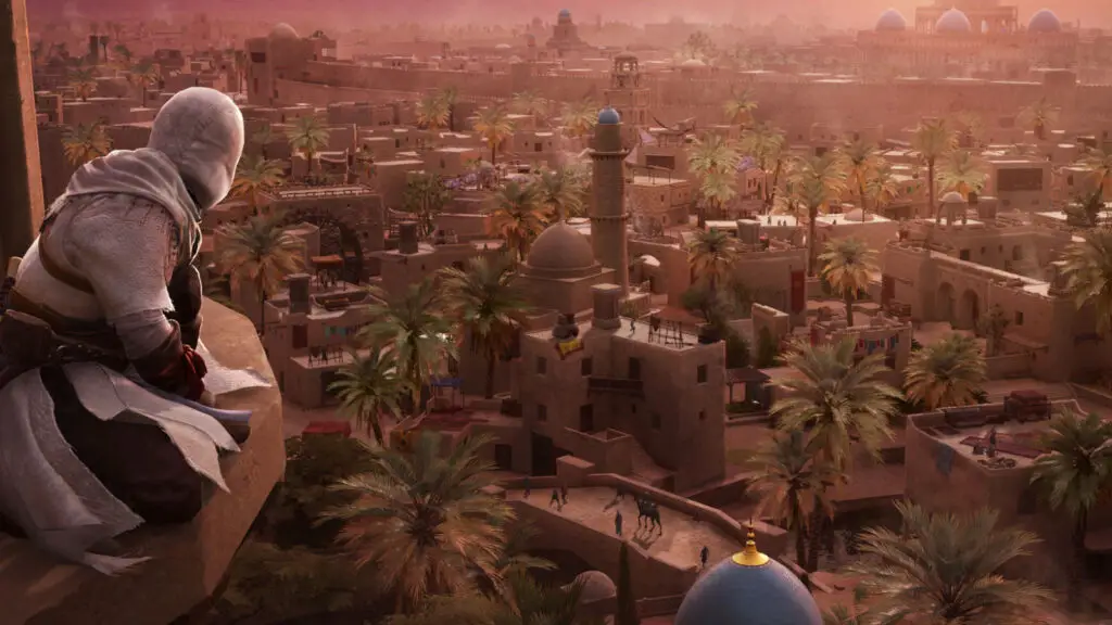 Assassin's Creed Mirage — Basim looks out across Baghdad at sunset while perched on a balcony.