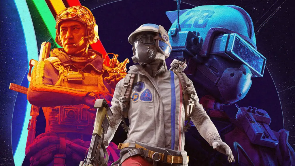 Arc Raiders: Key art for the game showing a character wearing makeshift armour and helmet, walking forward with a gun by their side. There are two more characters in the background overlayed by an orange and blue hue on the left and right respectively.