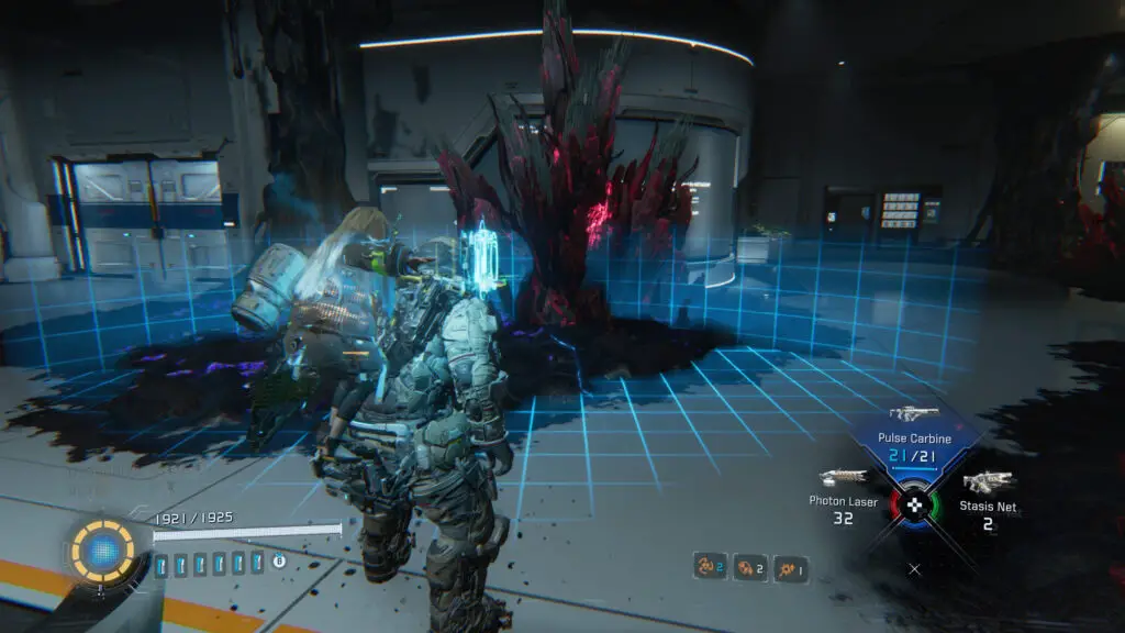 Pragmata red crystals: A player using the Cleanse ability to break red crystals.