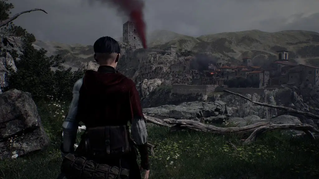 1348 Ex Voto screenshot showing Aeta looking over the burning ruins of a town.