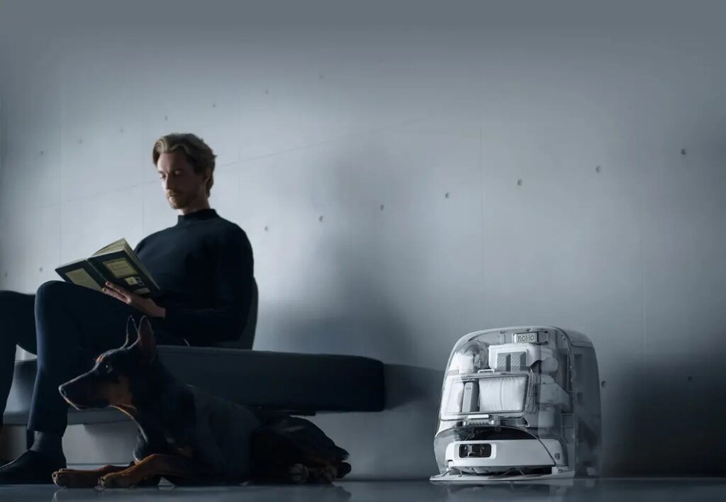 A photoshopped product photo of the DJI Romo robot vacuum cleaner.