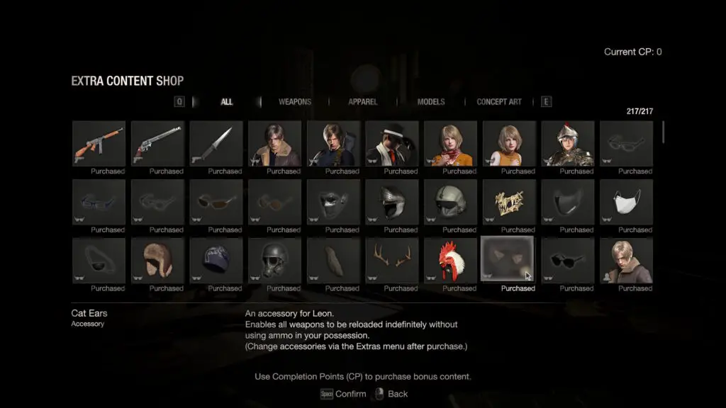 Resident Evil 4 Remake - Cat Ears selected in the extra content shop menu