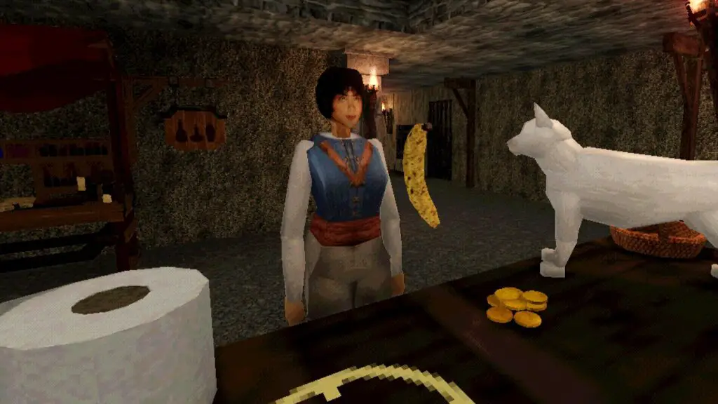 Dungeon Bodega Simulator - An adventurer waits at a counter to buy a banana from a dungeon shop keeper