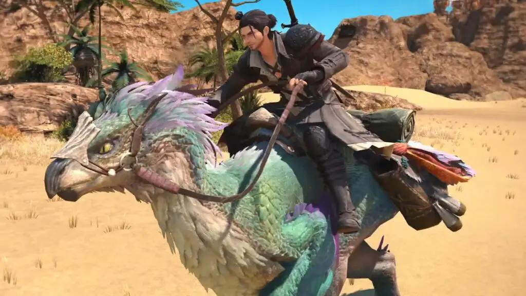 The default Warrior of Light, Meteor, riding a Seikret like he would ride a Chocobo.