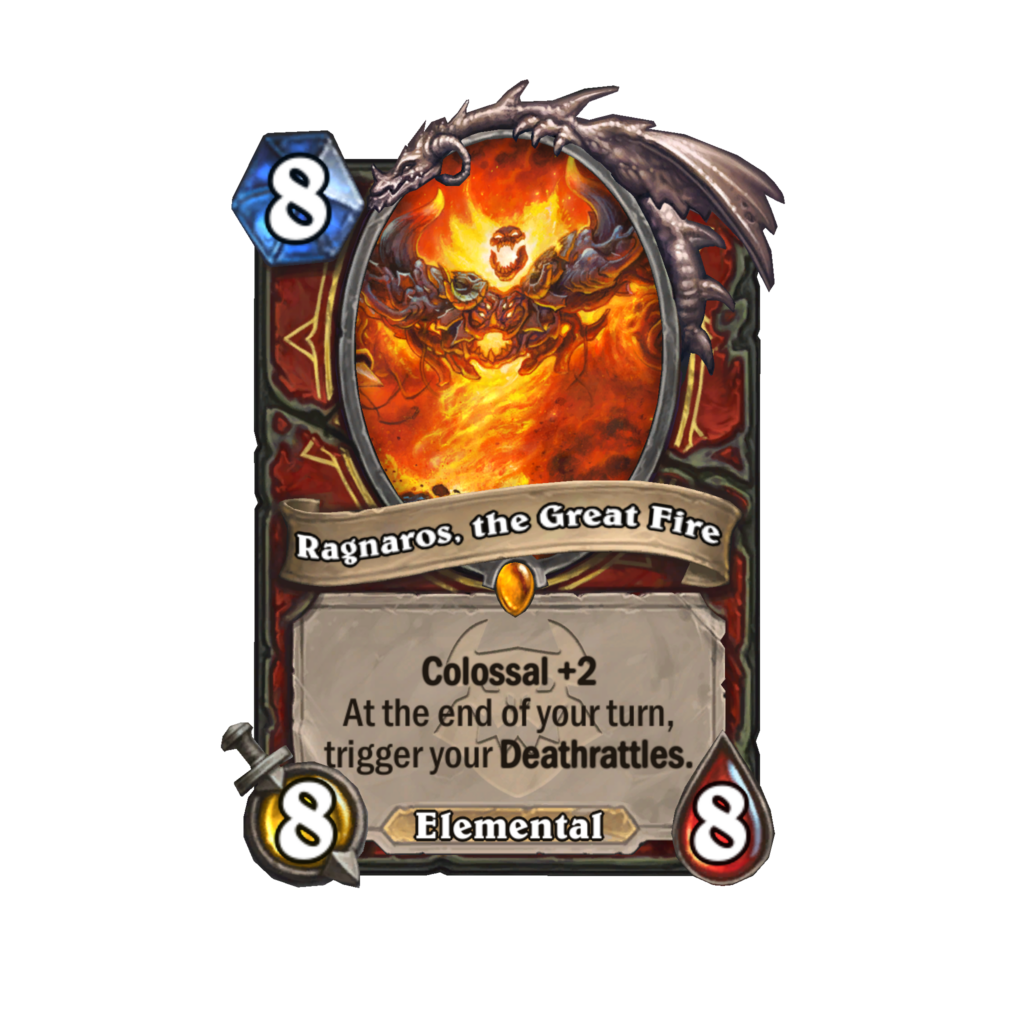 A Hearthstone card from the upcoming Cataclysm expansion. A rectangular card with the fire lord Ragnaros at the top. A dragon-themed frame curves around him.