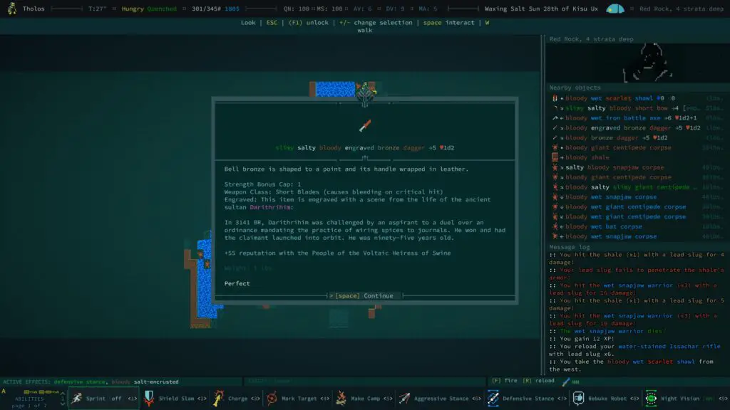 Inspecting an engraved dagger in Caves of Qud.