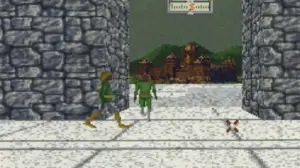 Villagers walking in the early, expansive world of The Elder Scrolls.