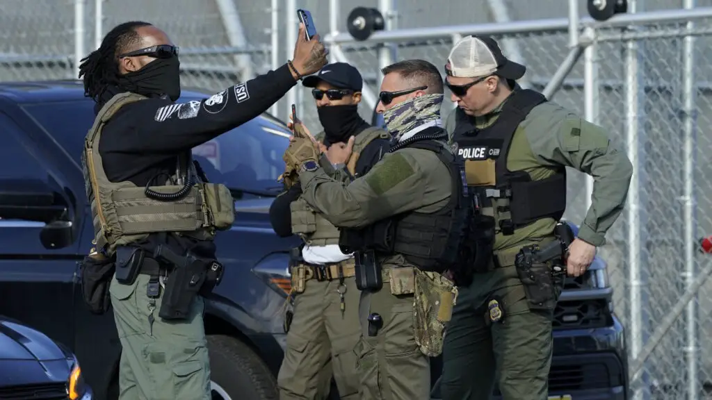 ICE agents at a demonstration in Newark, New Jersey.