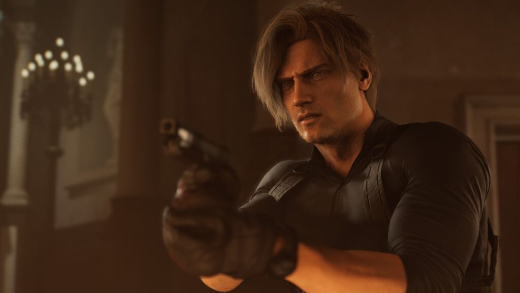 Leon Kennedy aims a pistol in RE Requiem