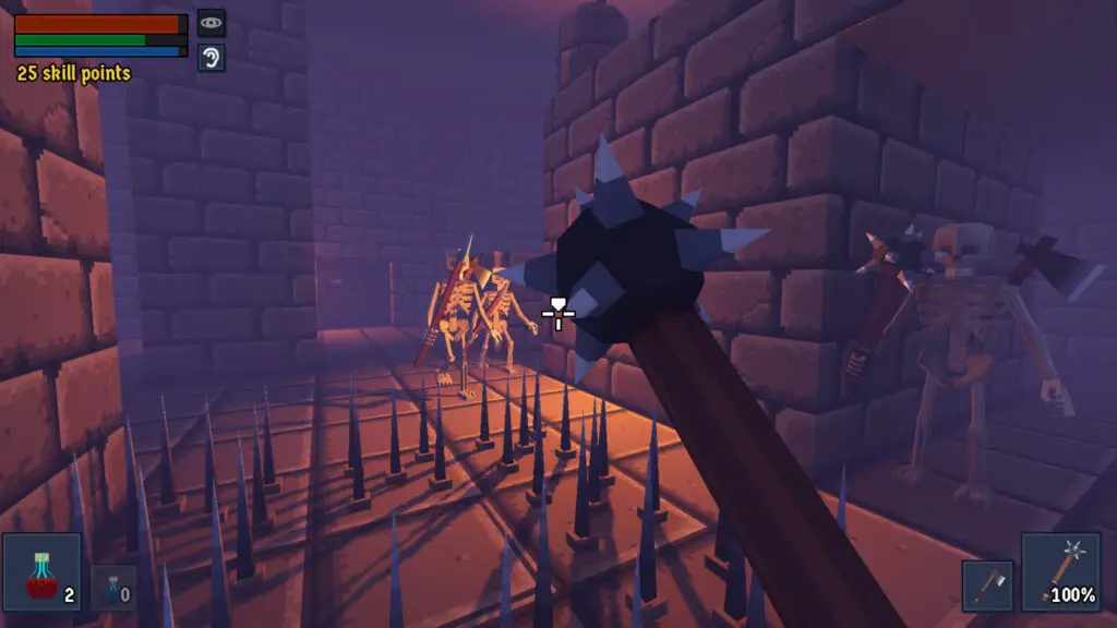 Player wielding a morningstar against skeletons in a dark dungeon in Sir Kicksalot