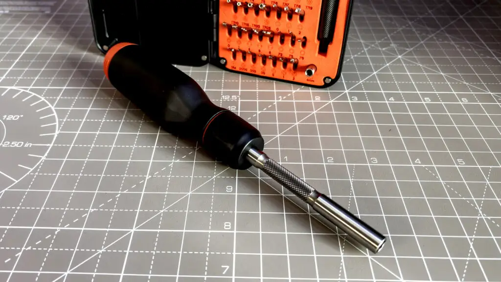 The LTT Precision Pro Multi-Bit Screwdriver on a desk.