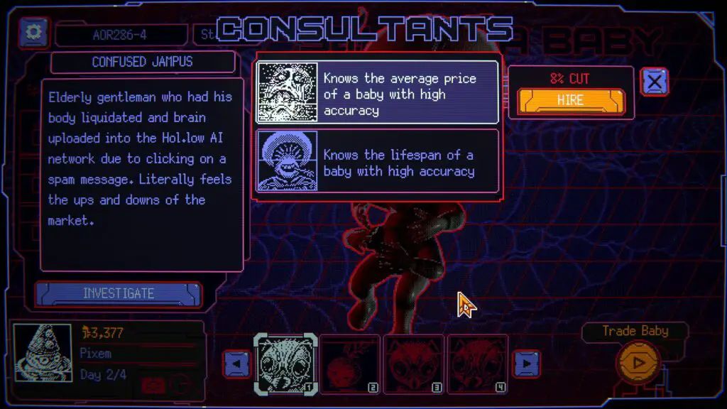 The advisor selection screen in Space Warlord Baby Trading Simulator