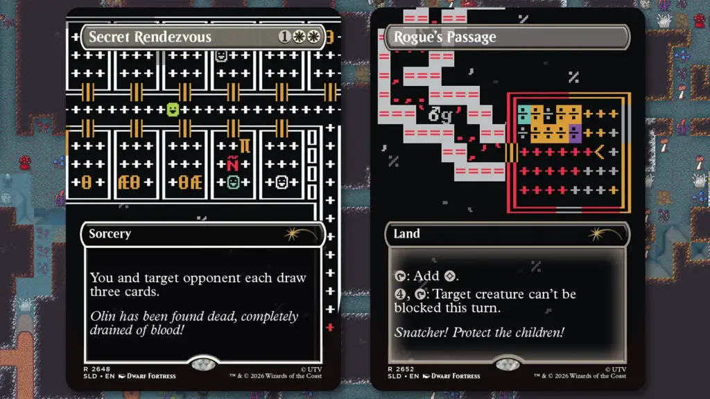 A pair of Secret Lair x Dwarf Fortress: Create New World cards.