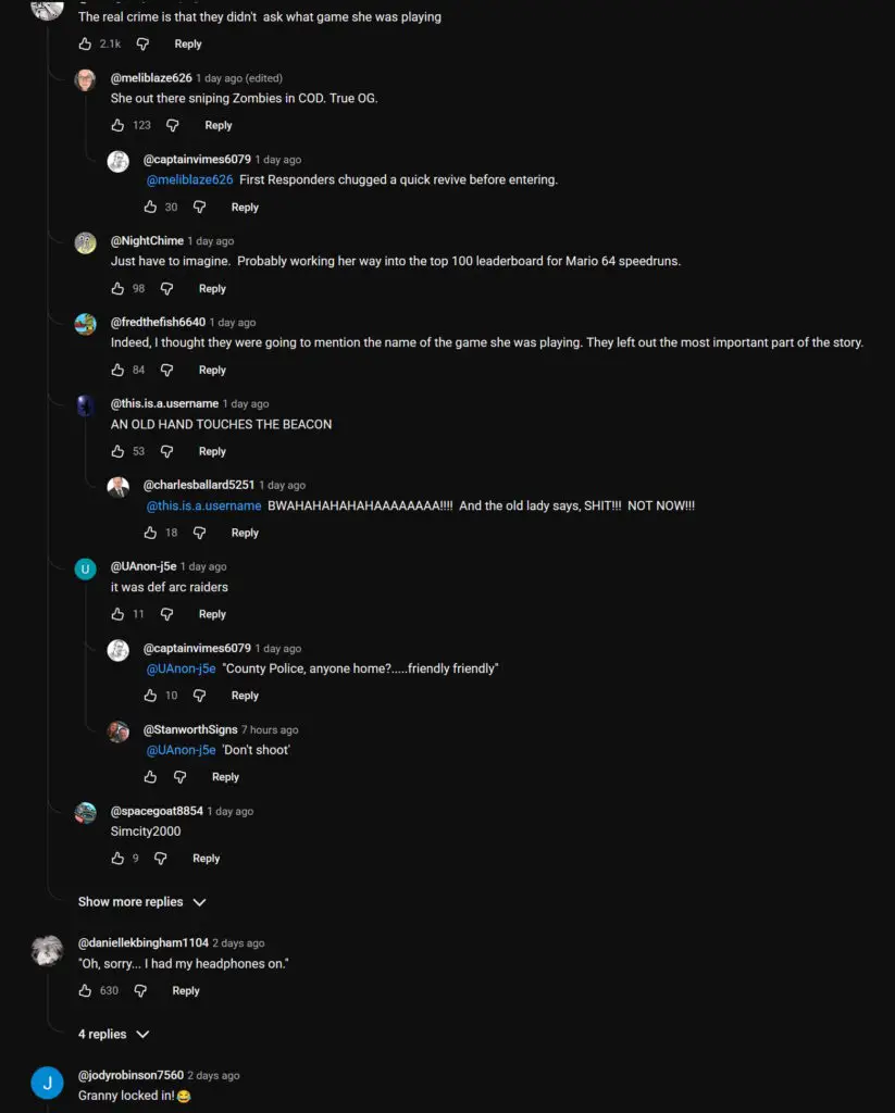 A community discussion regarding an elderly gamer who was too focused on her high score to answer the phone.