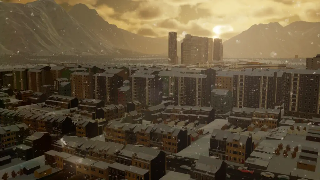 Snowy city scene in Cities: Skylines 2 under a setting sun.