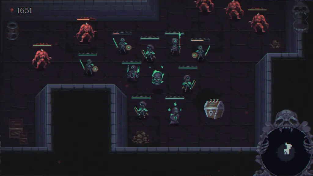 A skeleton army defending the player skull in Skull Horde.