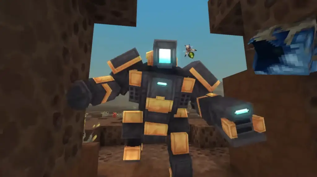 An orange and black mech with a blue visor runs toward the screen in Hytale.