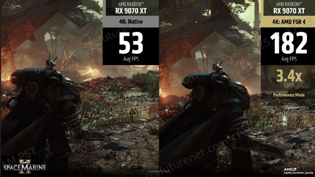 A watermarked slide from an AMD presentation showing Space Marine 2 running with and without FSR 4