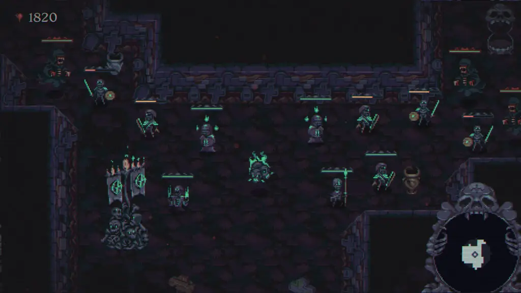 Skeleton minions defending the player skull in Skull Horde.