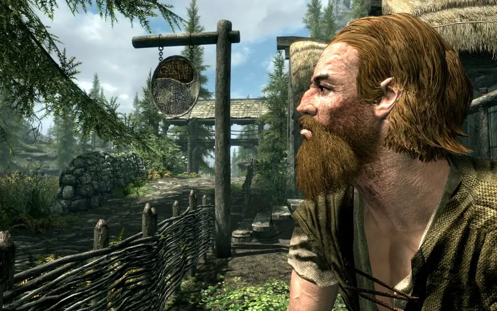 A bearded man at the Sleeping Giant Inn in Skyrim