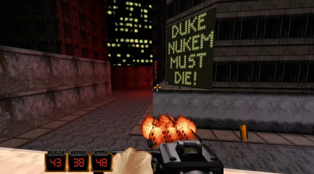 Duke Nukem 3D screenshot showing intense PC gaming FPS action
