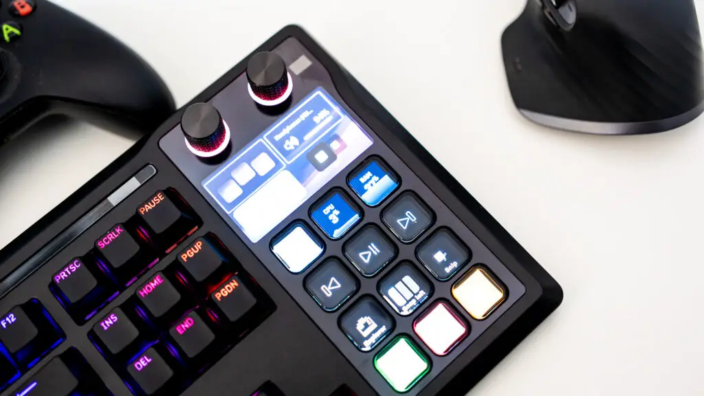 The Corsair Galleon 100 SD showcasing its vibrant RGB lighting and integrated Stream Deck interface.