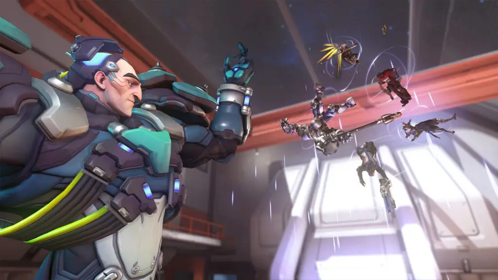 Overwatch tier list: Sigma lifting various characters into the air using his ultimate.
