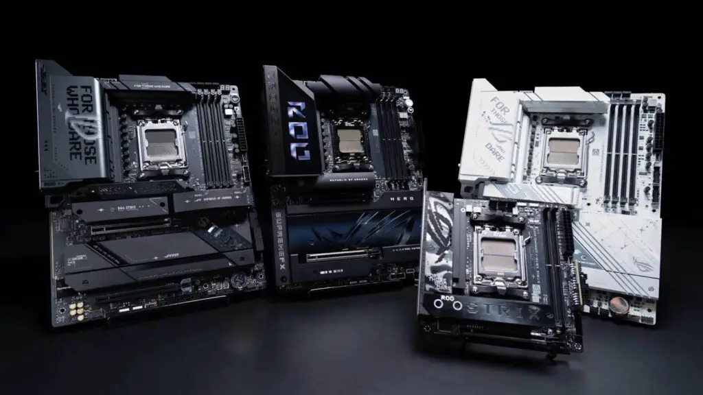 Four Asus X870 and X870E motherboards displayed.