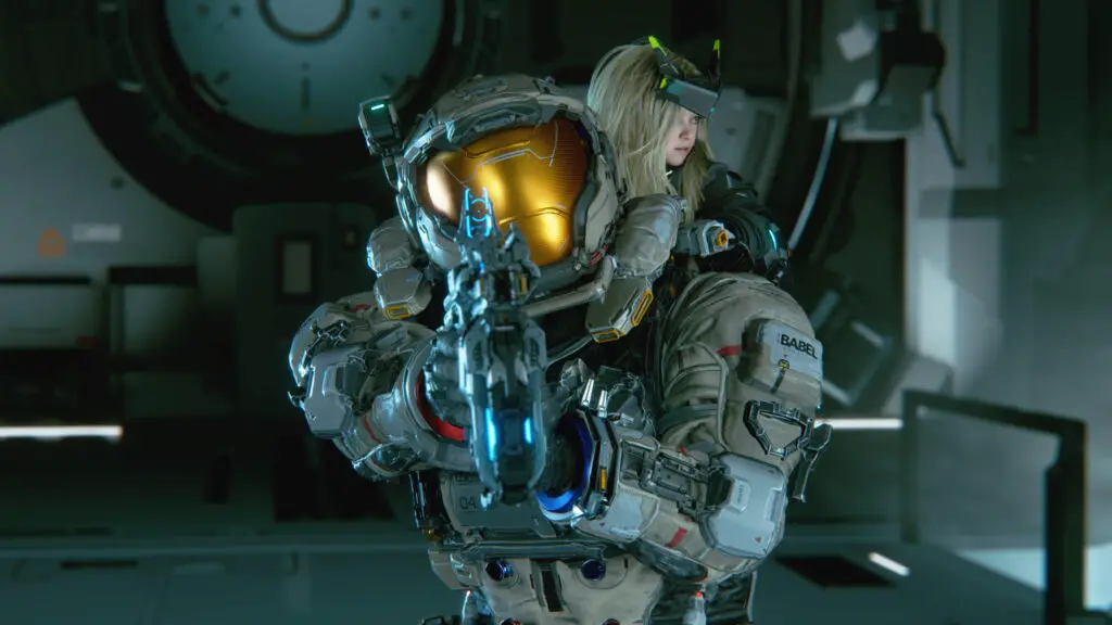 Pragmata weapons: Hugh aiming his Grip Gun pistol at the camera, with Diana on his back.