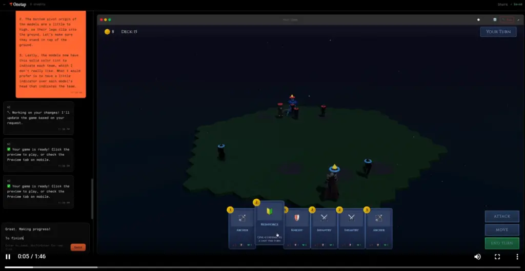 A screenshot of Tesana's interface showing AI-driven game development tools.