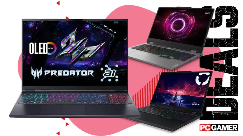 Three gaming laptops on a deals background representing the best RTX 5060 value