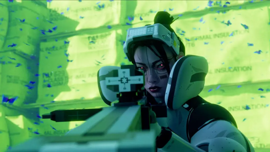 Marathon: The Thief shell aiming a sniper directly ahead, set against a wall of bright green tarpaulin in the background.